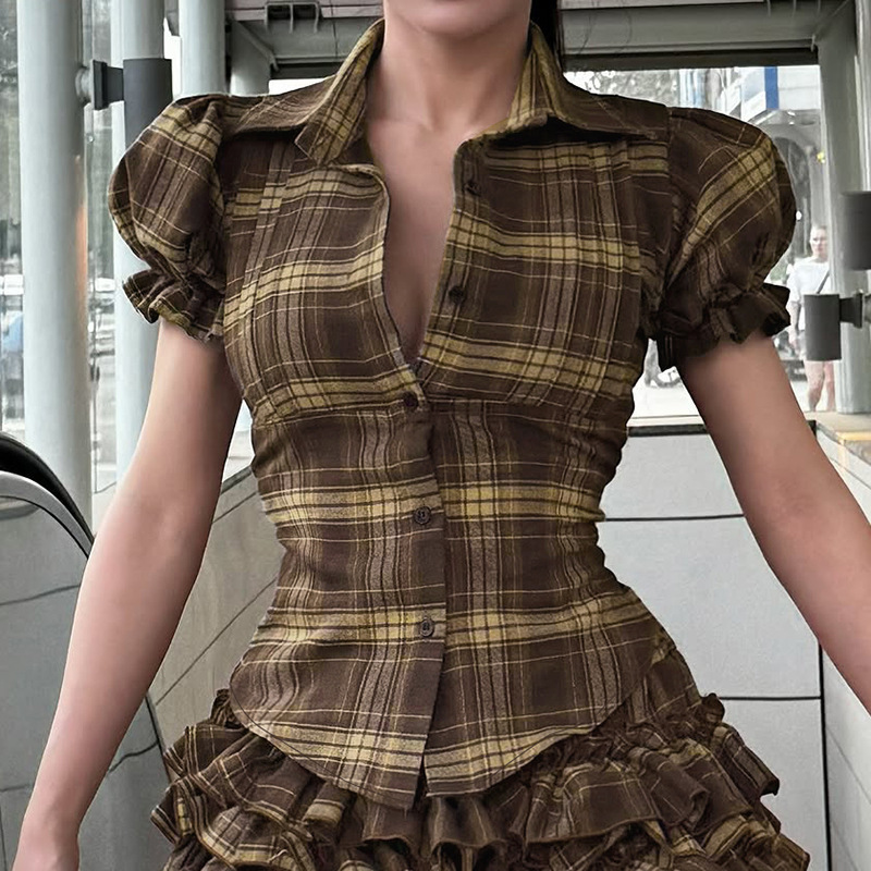 学院风翻领排扣泡泡袖格纹短上衣少女撞色褶皱收腰显瘦百搭短袖|undefined