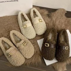 小香风羊羔绒底毛毛鞋女外穿2025秋冬新款皮带扣软底豆豆孕妇棉鞋
