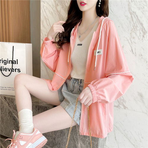 Loose thin cardigan sunscreen shirt hooded printed top coat women's trend