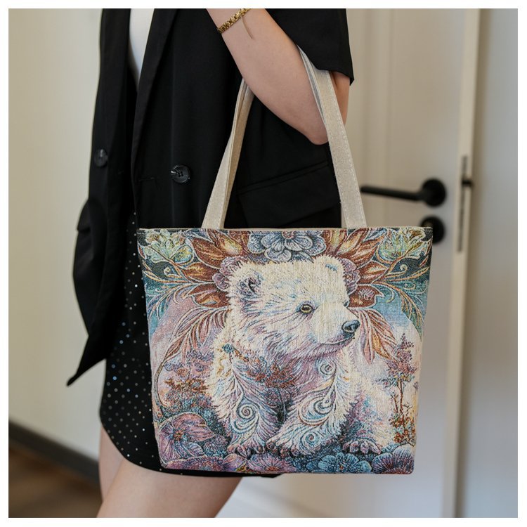 Double sided gold wire jacquard embroidered canvas student tutoring shoulder large capacity mommy bag, artistic style_voghion.com