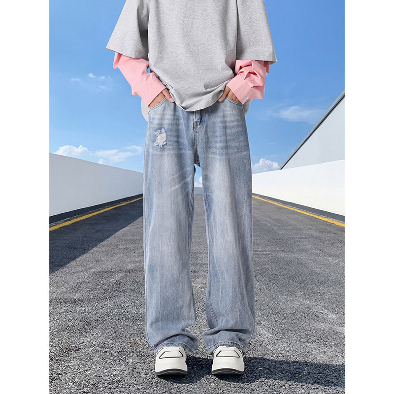 2026 Spring/Summer New Trendy Washed Straight Leg Jeans for Men, American Retro Style, Loose Fit, Versatile Wide Leg Workwear