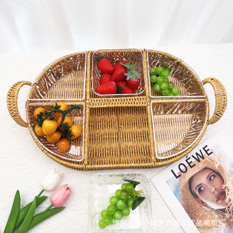 Tejido de vid de imitación con cestas de almacenamiento acrílicas tejidas de mesa refrigerios de frutas refrigerios bandeja de té de la tarde bandeja de frutas almacenamiento