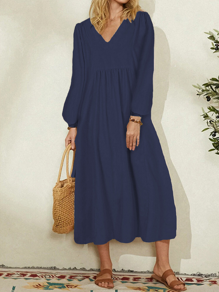 2025 Autumn New Clothing Fashion Women's Cotton Linen Loose Lantern Sleeve European And American Dress_ecoleips.com