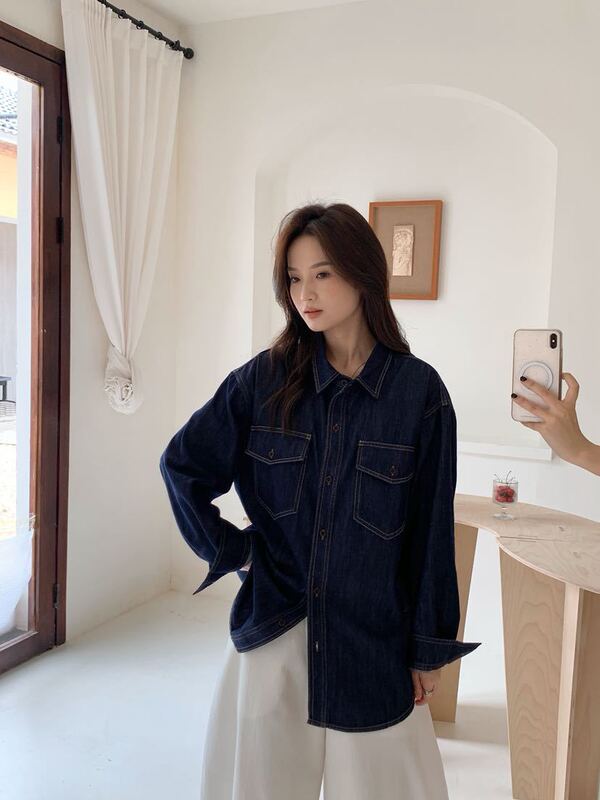 Fashionable mid-length turn-down collar denim shirt, 2026 autumn and winter new Korean style loose casual jacket for women 94321 Fashionable mid-length turn-down collar denim shirt, 2026 autumn and winter new Korean style loose casual jacket for women 94321