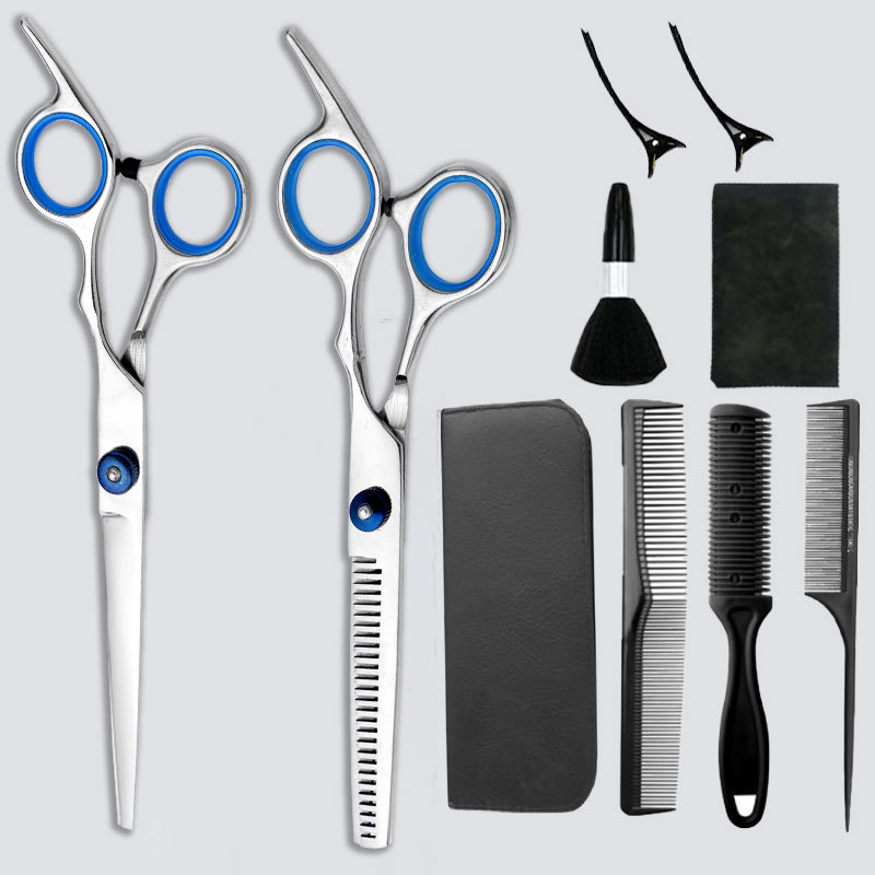 Los fabricantes venden tijeras de corte de pelo de acero inoxidable, corte, corte, corte de dientes planos, juego de adelgazamiento de rango medio, práctico hecho a mano
