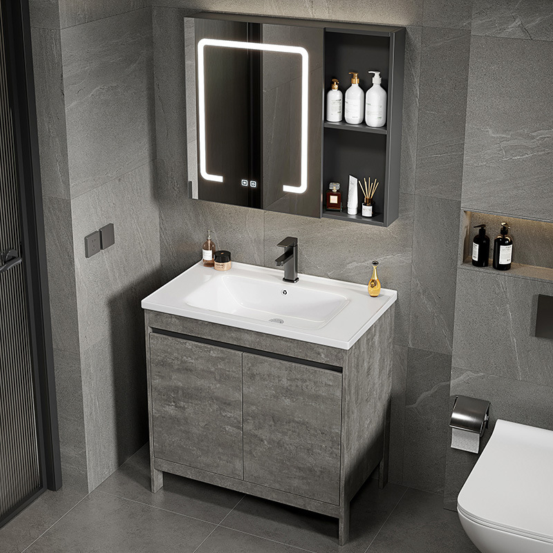Espacio gris de lujo ligero, armario de baño de aluminio, mesa de lavado combinada, lavabo integrado de cerámica, mesa de lavado, baño, piso al aire libre