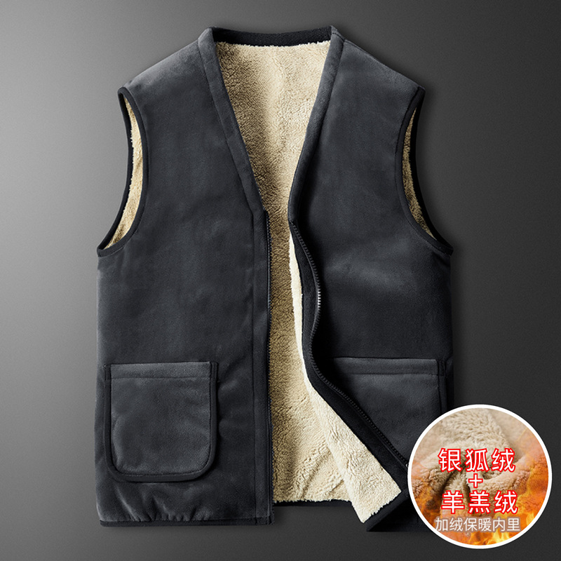 跨境新款男士羊羔绒马甲中老年保暖背心跨境大码V领银狐绒马甲厚
