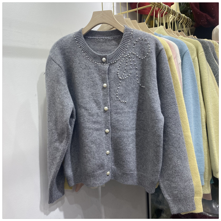 Women's Clothing Chic Embellished Bow Knit Cardigan For Women - Autumn Casual Long Sleeve Open Front Sweater (Blue, Yellow, Gray, Beige, Pink)_voghion.com