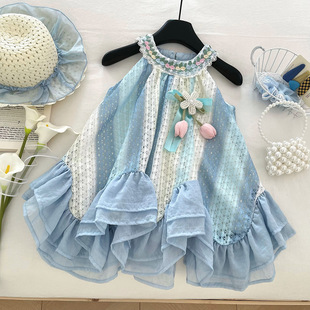 2025 Summer Girls' dress New Arrival Sling dress Lace Hollow Flower Blouse Women's Baby Children's Dress 0225