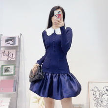 法式女装秋冬新款甜美娃娃领拼接针织蓬蓬裙修身长袖套头连衣裙女