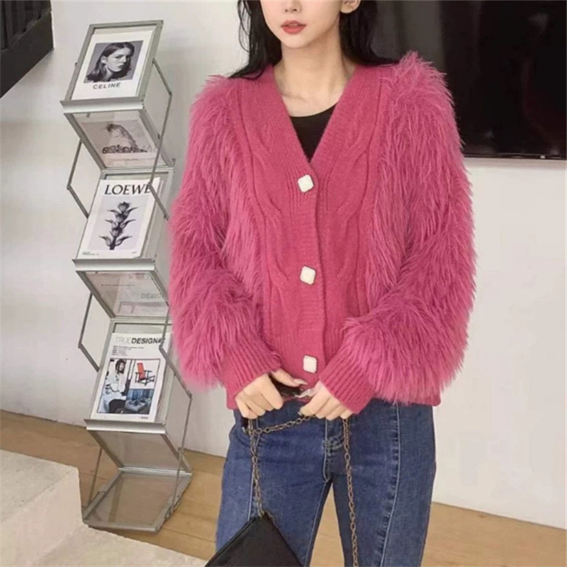 Cárdigan de punto con cuello en V de diseño con estilo occidental nuevo para otoño/invierno, imitación piel de visón, abrigo holgado y adelgazante para mujer, para usar como suéter exterior