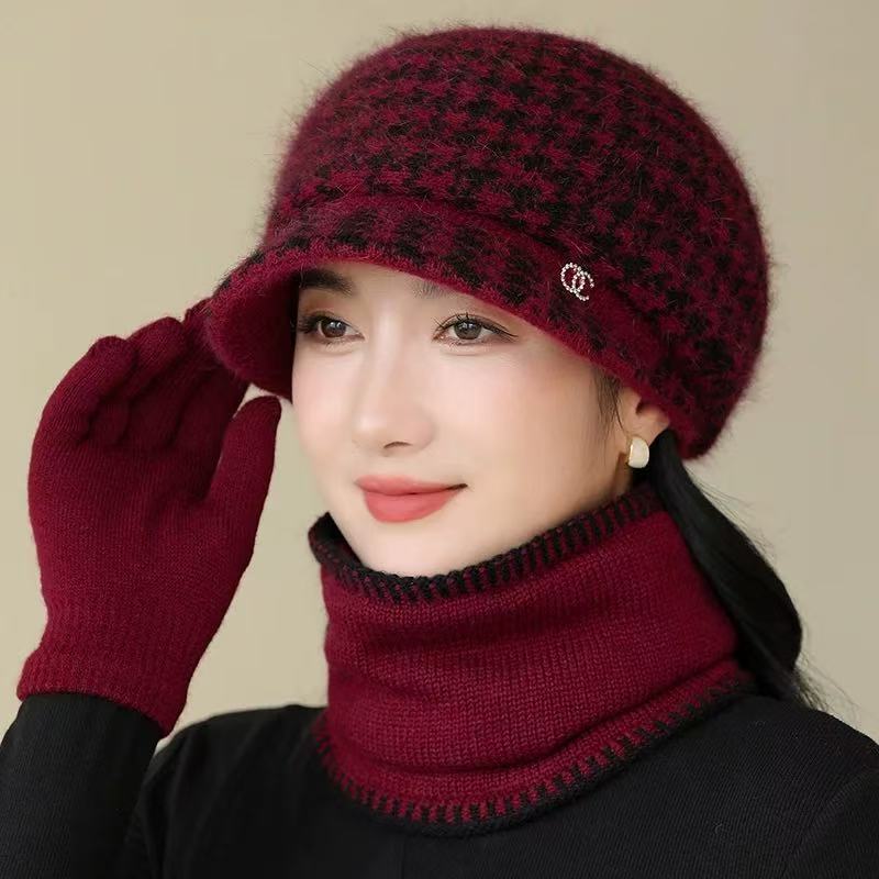 帽子冬季女妈妈中老年人老太太保暖时尚鸭舌毛线帽加绒防风针织帽|undefined