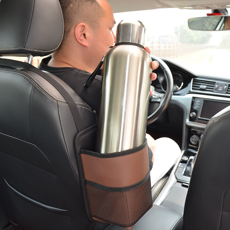Montado en el coche taza de agua grande bolsa de asiento lateral colgando hervidor de agua cubierta asiento fijo coche taza de té titular hervidor de agua de almacenamiento interior estante