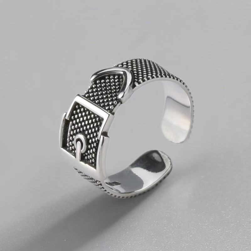 Korean version of silver jewelry S925 plain silver ring personality trendy jewelry fashion temperament vintage belt buckle ring jewelry