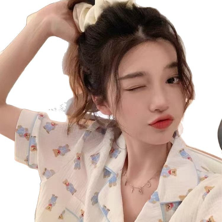 Niña linda solapa pijama de gasa mujer verano oso algodón y lino pantalones cortos de manga corta camisón traje de servicio a domicilio simple image 5