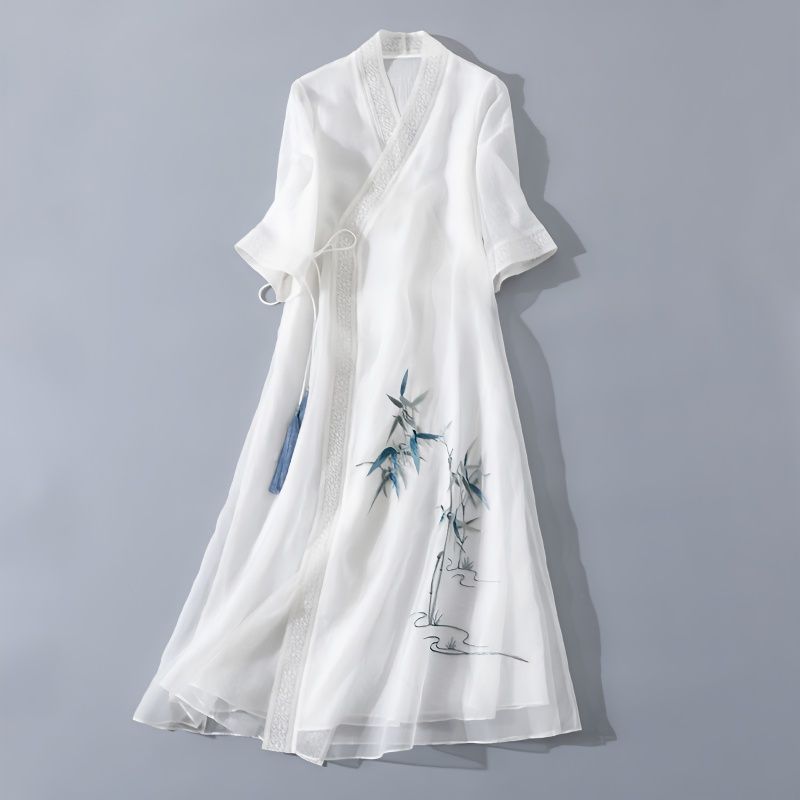 2026 Spring/Autumn Collection: Chinese Style Tea Dress for Women, Slim Fit, Hand-Painted Cross Collar, Ethnic Hanfu Modified Ancient Style Dress