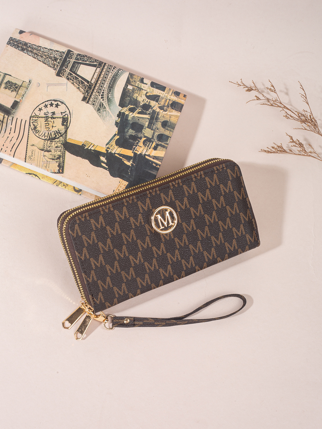 Nueva moda damas billetera larga de doble cremallera nueva impresión bolso de mano multi-tarjeta de gran capacidad compartimiento cremallera