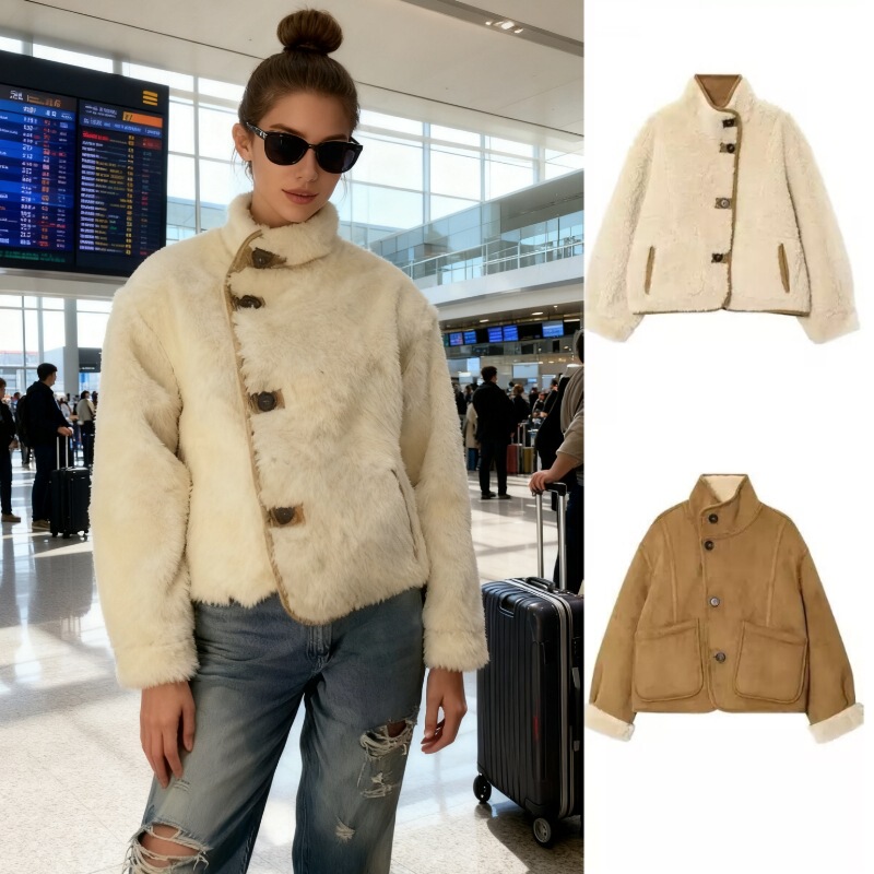 Cross-Border European and American Aliexpress Women's Clothing Hot Wholesale Fashion Contrasting Color Stand-Up Collar Imitation Lamb Wool Reversible Jacket