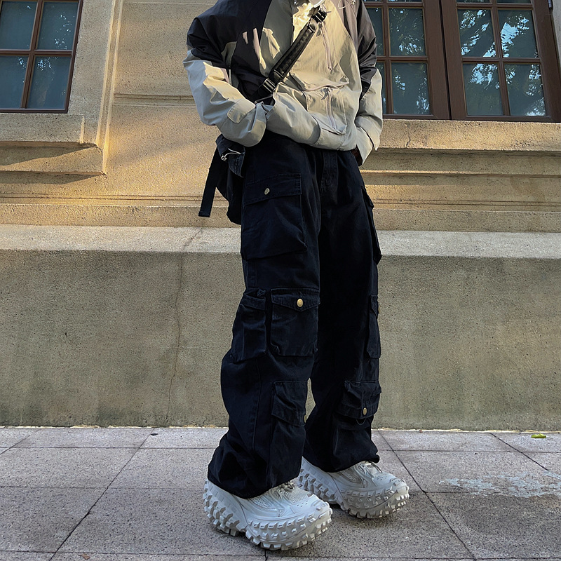 2023 estilo europeo y americano retro marca de moda casual pantalones sueltos rectos pierna ancha multi-Bolsillo overoles hombres