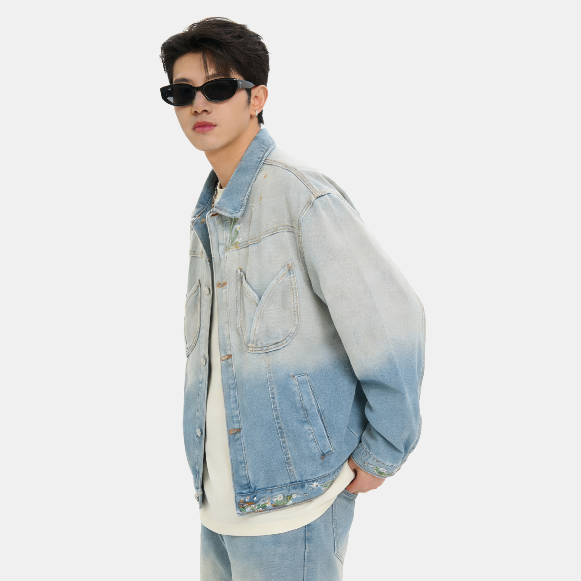 Retro Floral Denim Jacket Unisex Loose Distressed Gradient Style_voghion.com