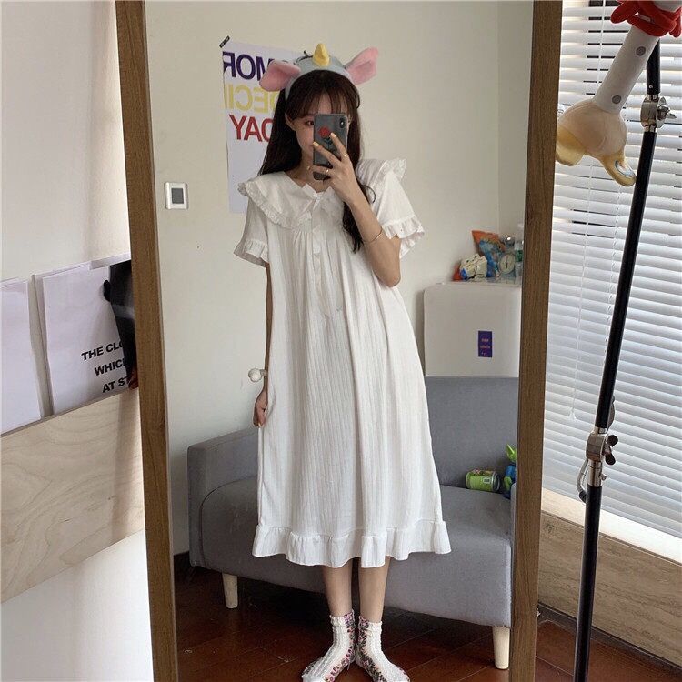 Pijama de verano de mangas cortas cuello de muñeca dulce hadas corte coreana estudiante pijama princesa vestido de viento