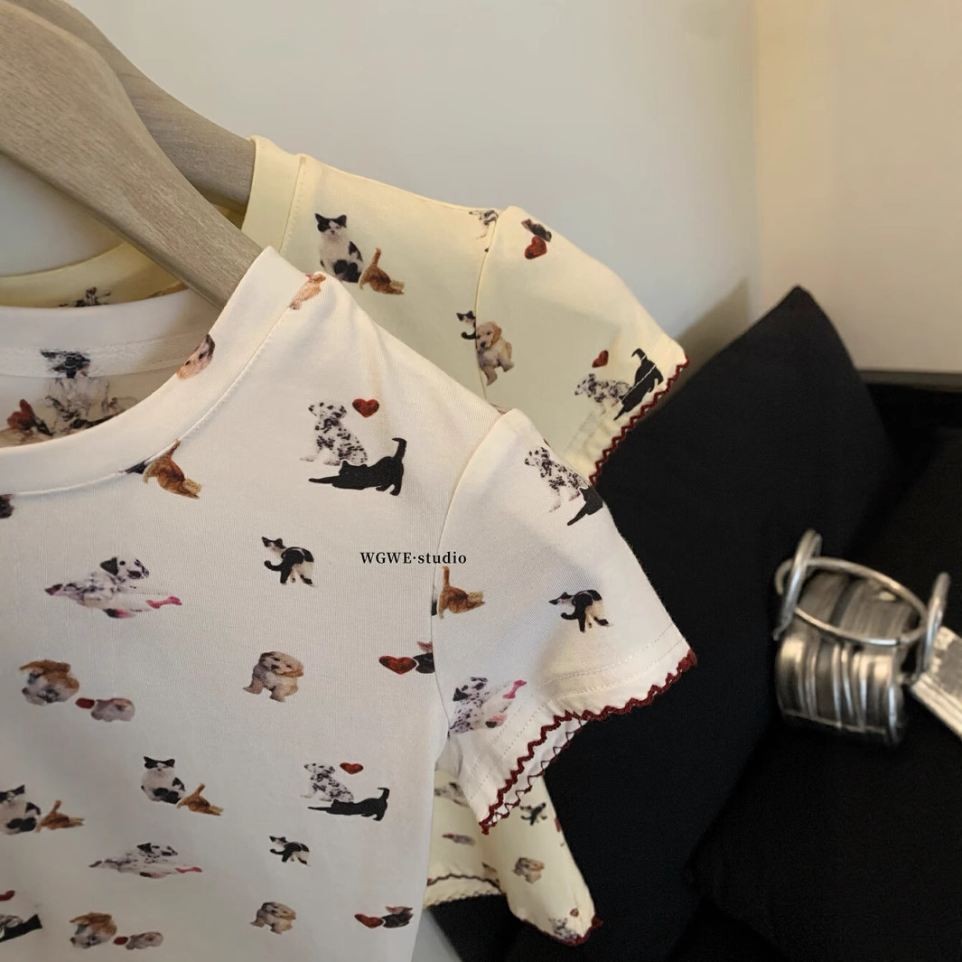 WGWE camiseta de manga corta con estampado de perros y gatos con cuello redondo, camiseta ajustada y elástica para niños, camiseta delgada, camiseta femenina W5536