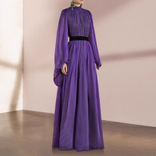 跨境热销轻奢紫色连衣裙礼服小众气质立领褶皱法式飘逸大摆长裙女