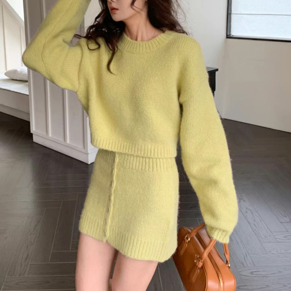 2024秋冬新款韩版宽松显瘦短款圆领毛衣单排扣包臀裙两件套女