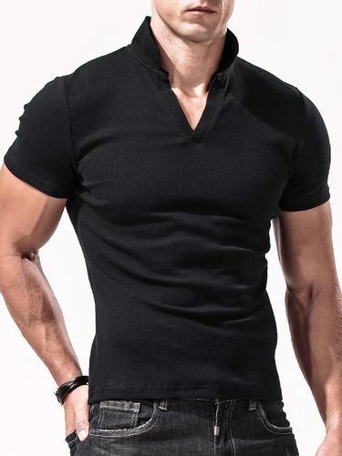 Men's Short Sleeve T-Shirt with Collar, Slim Fit, Tight Fit, Solid Color V-Neck, Elastic, American Style Polo Shirt, Men's Top, Summer, Solid Color