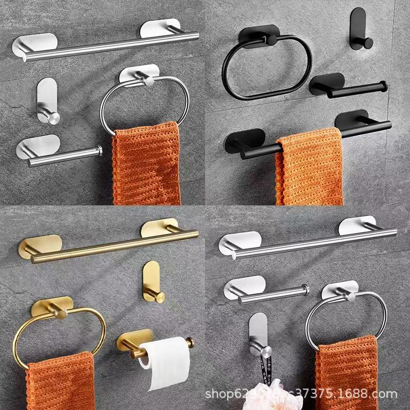 Cross-Border Bathroom Set Stainless Steel Towel Bar Bathroom Single-Layer Shower Rod Towel Rack Hook Five-Piece Set