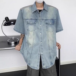 Retro shoulder pads, set, denim skirt, shirt, trousers, American style