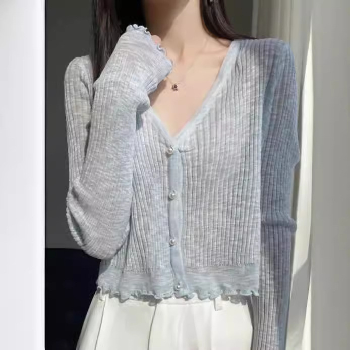Ice Silk Knitted Cardigan Women's Thin Coat Shawl Short Outer Matching Skirt Sun-protective Shirt Summer Top Small Blouse