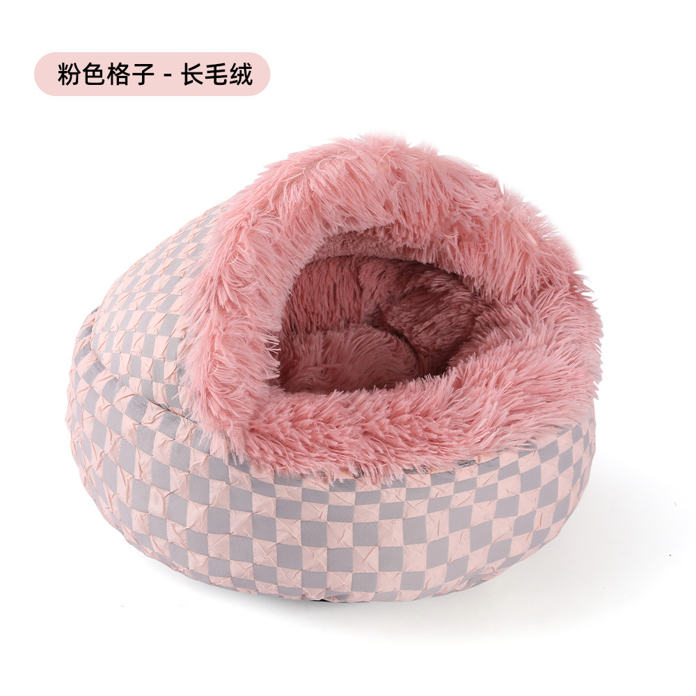 Cálido invierno nido para mascotas concha nido para gatos semicerrado nido de algodón de felpa engrosado caseta para perros semicerrada cama para perros