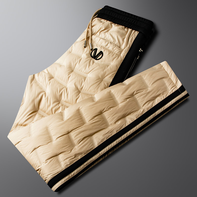 Exquisite high-end warm white duck down color-blocked down pants for men, waterproof and comfortable for casual wear.