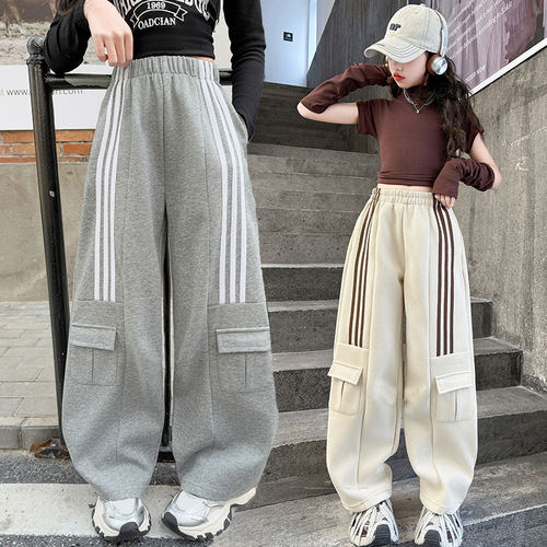 Spring Style Fashion Children's Trend Pants Side Stripe Casual Girls' Pants Korean Version Versatile Children's Pants Trendy Breathable