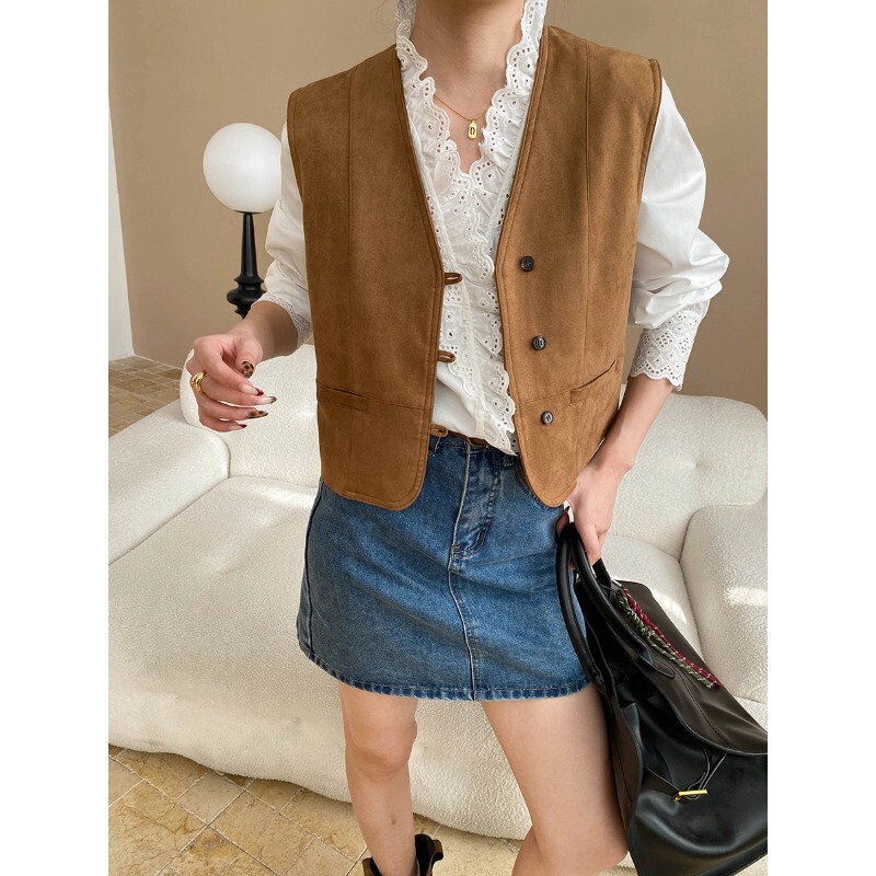 Sinan Retro British Style Fashionable Suede V-neck All-match Casual Stacked Vest for Small SN7127 Sinan Retro British Style Fashionable Suede V-neck All-match Casual Stacked Vest for Small SN7127
