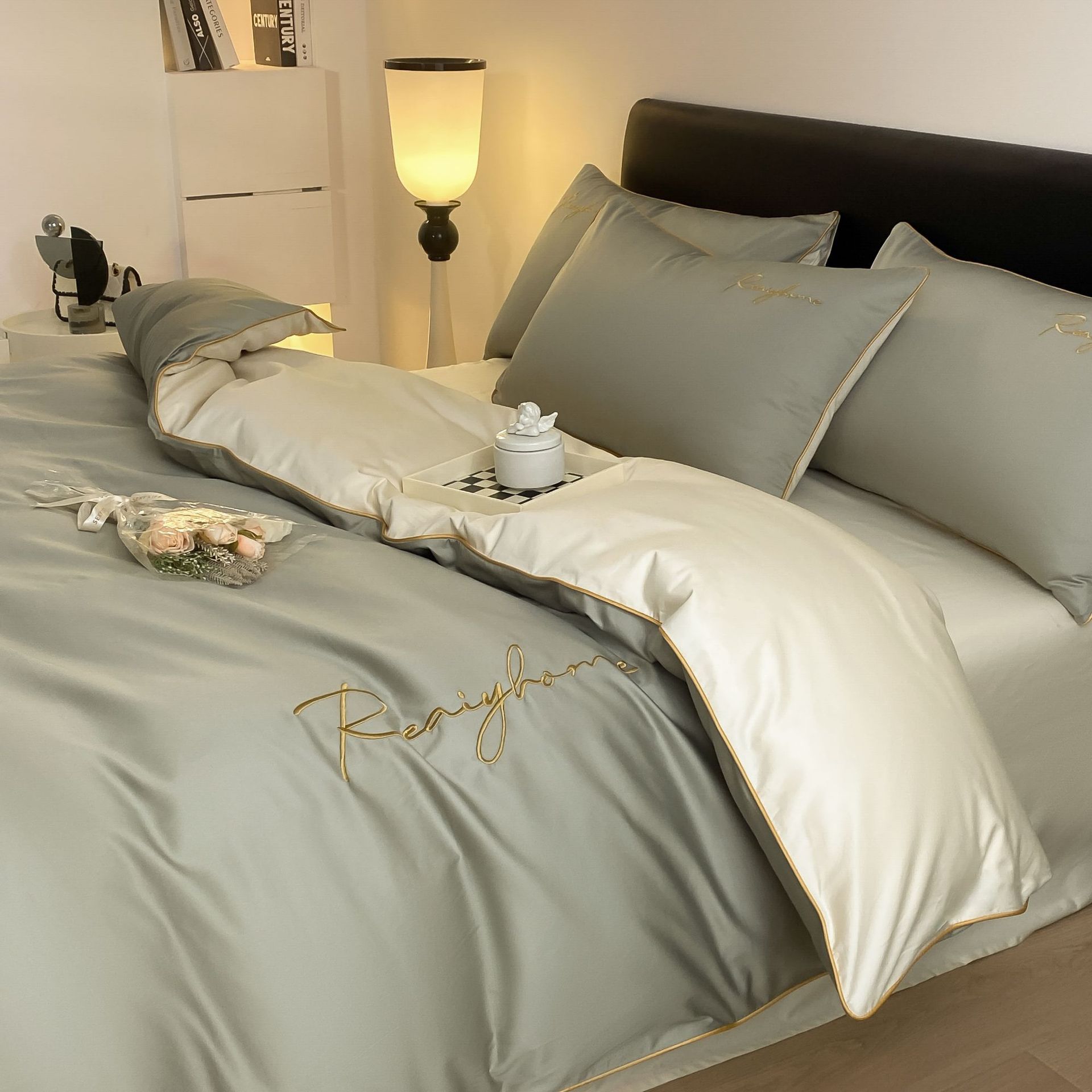 Algas verdes bronce y plata [tela de algodón para dormir desnudo agradable para la piel] / Estilo de sábana de 0,9-1,2 m [funda de edredón: 150*200cm] juego de tres piezas