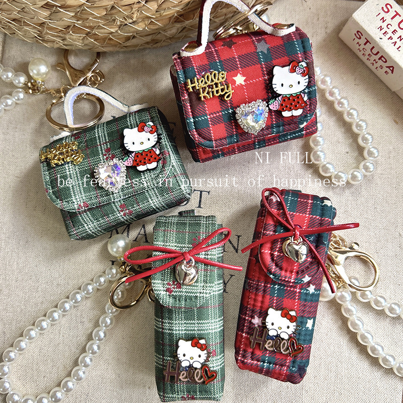 Korean-style new retro plaid festive atmosphere KT cat bag pendant cute cartoon pearl decoration earphone case for women Korean-style new retro plaid festive atmosphere KT cat bag pendant cute cartoon pearl decoration earphone case for women