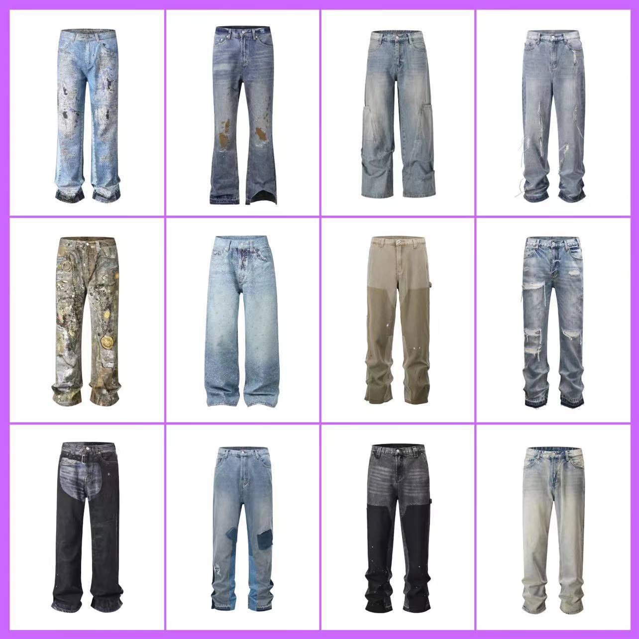 Herreklær, vasket, løse jeans med vide ben og trykk, design med diamantformede, rette bukser til menn og kvinner_voghion.com