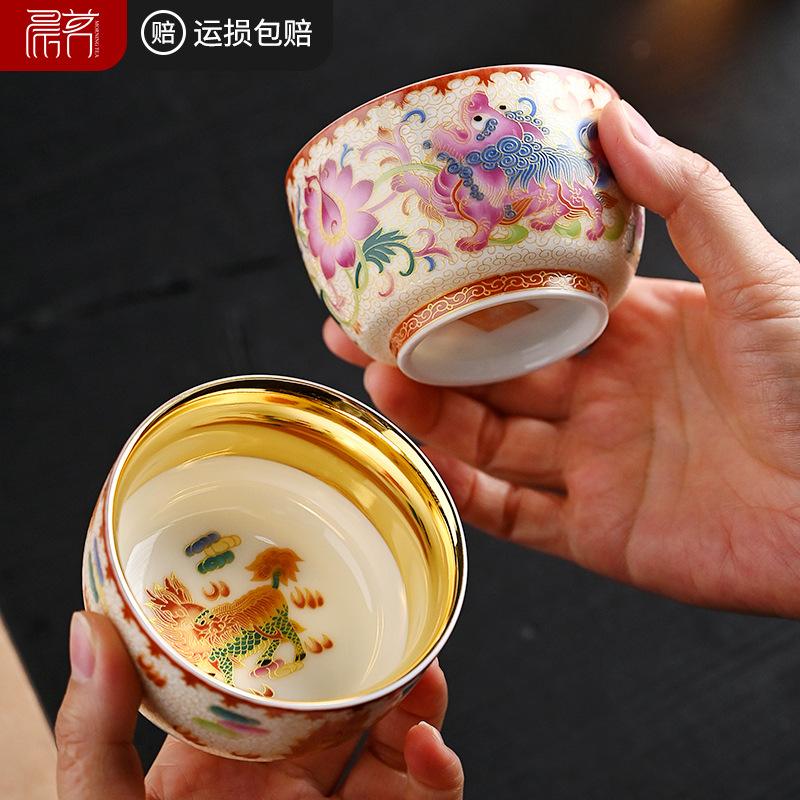 主人杯单杯高端功夫茶杯手绘中国风茶盏陶瓷金茶碗个人专用品茗杯