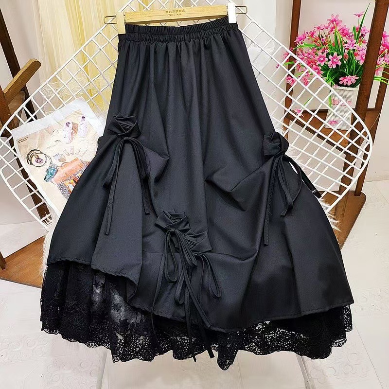 Japanese Style Beautiful Girl Skirt Lori Dark Skirt High Waist Bow Heavy-Work Stitching Lace A- Line Mid-Length Skirt