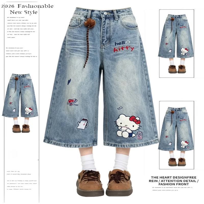 Kitty Cat Embroidered High-Waisted Cropped Jeans for Women, 2026 Summer New Design Short Wide-Leg Pants