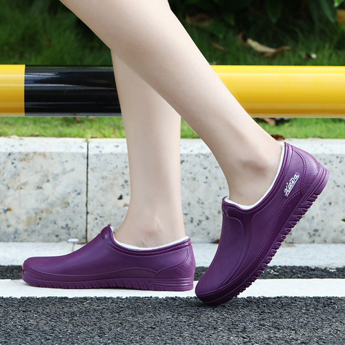 Women's Short Rain Boots Low-Top with Fleece Lining, Slip-On Waterproof Soft Sole Rain Shoes, Kitchen Non-Slip Flat Rubber Shoes