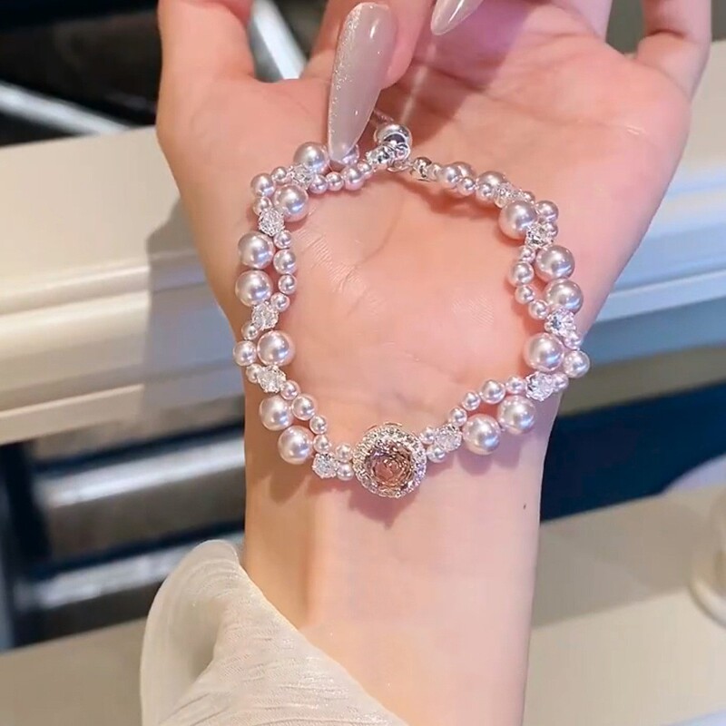 精致粉编织珍珠手链轻奢小众精致女款高级感新款千金气质显白手饰|undefined