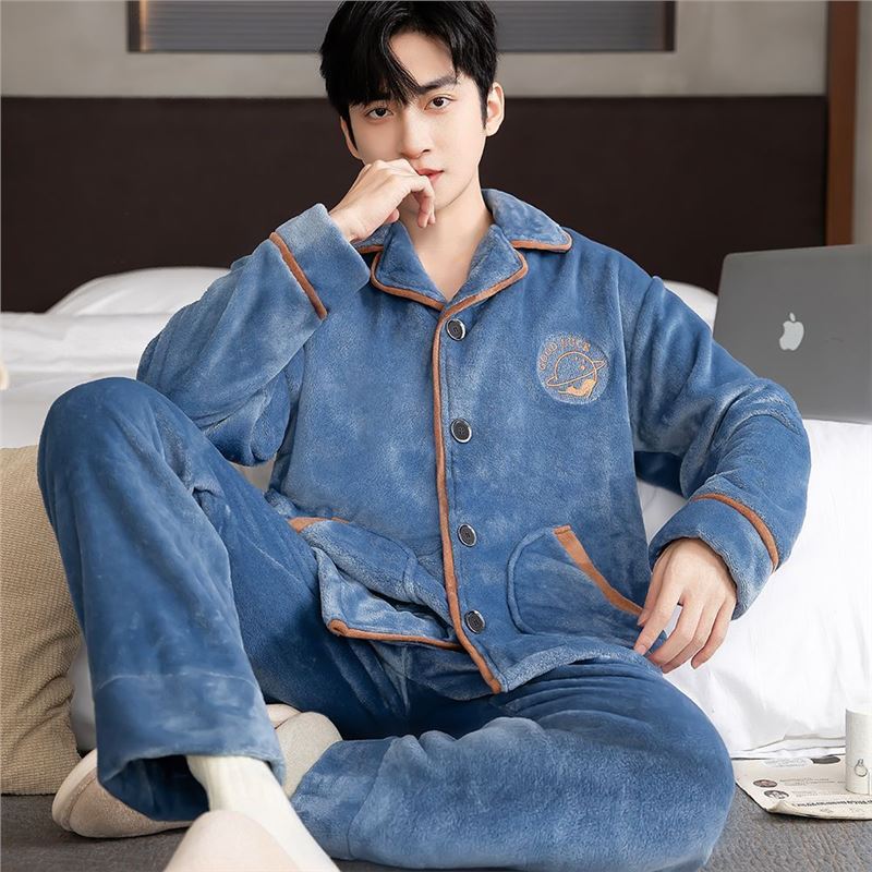 Pijama de invierno para hombres engrosado conjunto de franela de coral de mediana edad ropa para el hogar de lana