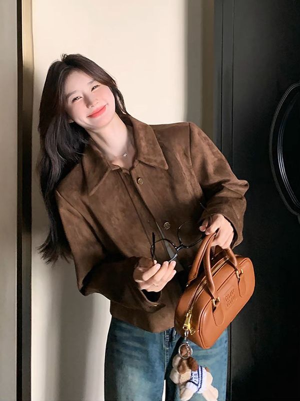 咖色鹿皮绒短款外套女春秋新款韩系美拉德复古小个子休闲夹克上衣|undefined