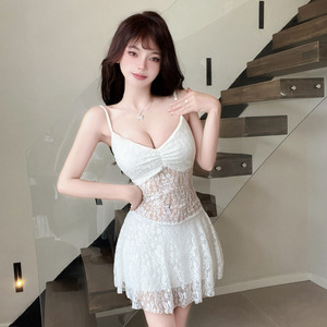 Half transparent lace large swing waist strap dress short skirt
