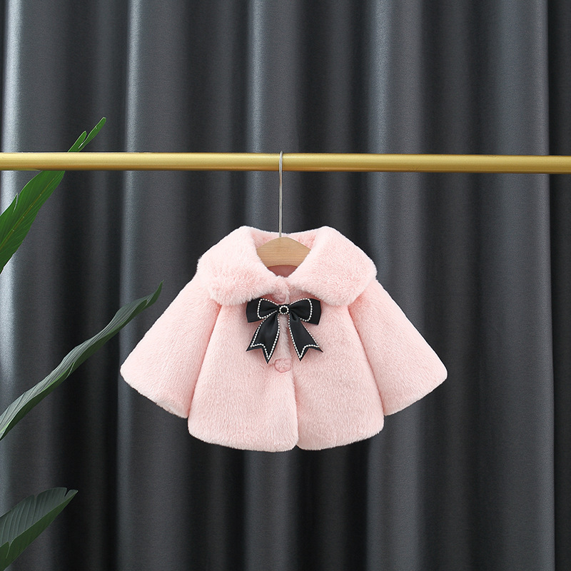 Autumn and winter new children's clothing solid color rabbit with black bow fur lapel, girls' shawl_voghion.com