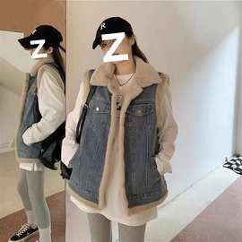 羊羔毛牛仔马甲少女秋冬装2025新款初中高中学生加绒加厚马夹外套