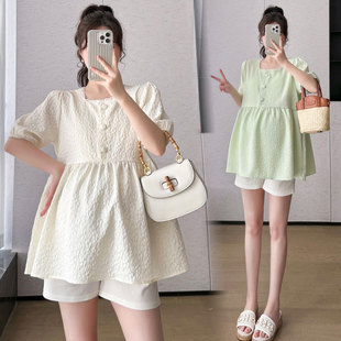 Real shot spot 2024 summer pregnant women French gentle square collar small fragrant style doll shirt top belly shorts